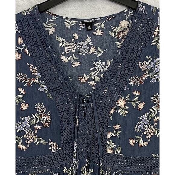 Torrid Babydoll Top Size 4X Blue Floral Gauze Crochet Trim Lace up Tassels Boho - Picture 8 of 12